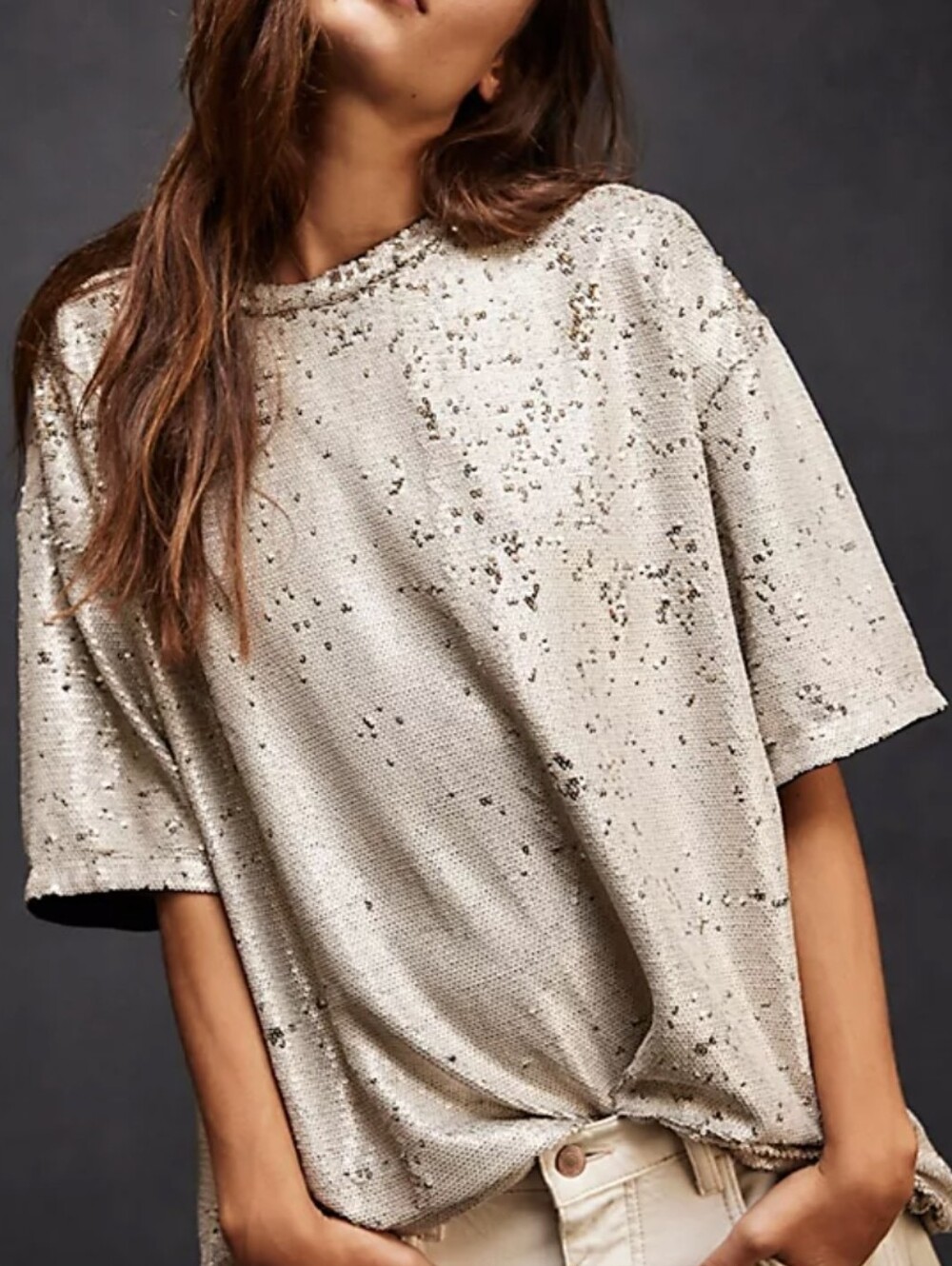 Free People Metallic Cream Sequin Short Sleeve Tee Size S | Glam Boho